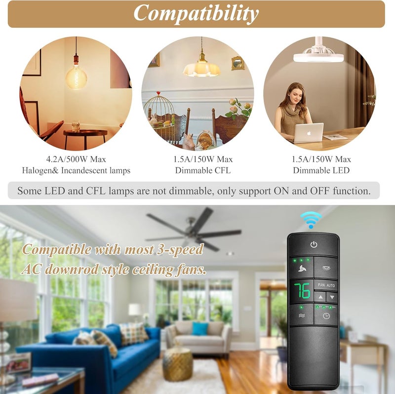Prichor Ceiling Fan Remote Control for Hampton Bay Home Decorators Collection, Thermostatic Remote Controller with Light Dimmer & Timer, Replacement of 2AAZPHD3/HD3 KUJCE10320/TR222A (Remote Only) - Image 5